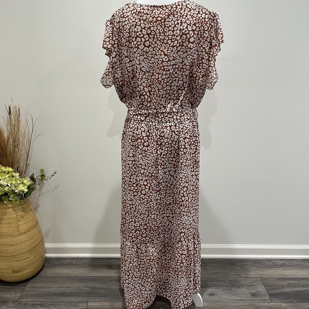 Pretty‎ Garden Womens Maxi Dress XXL Flutter Sleeve Leopard Brown Belted Dainty - Picture 4 of 10